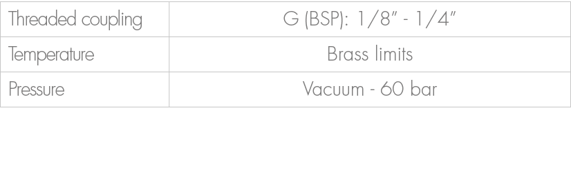 Threaded coupling,G (BSP): 1/8” 1/4”,Temperature,Brass limits,Pressure,Vacuum 60 bar 